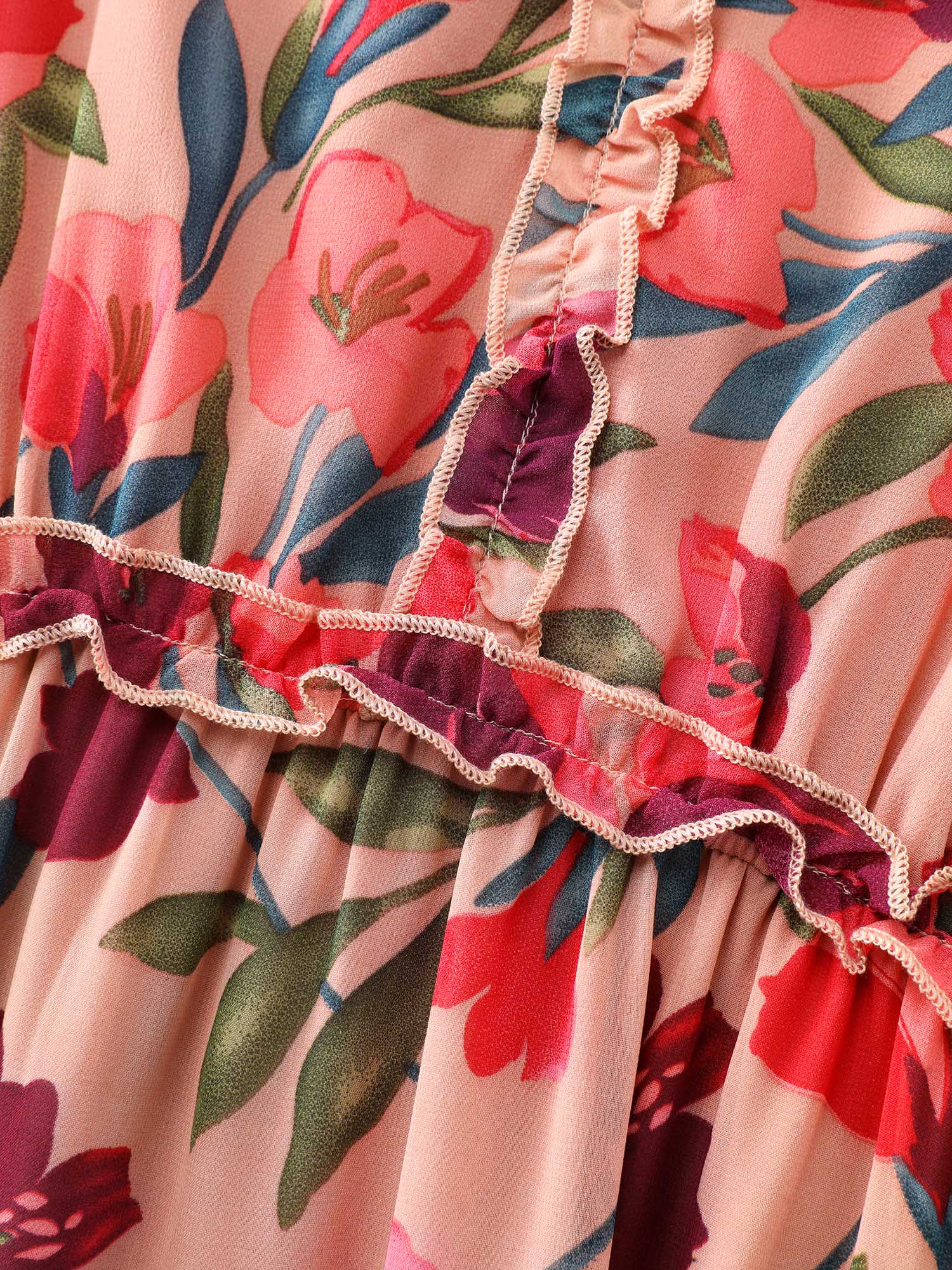 Romantic Floral Print Ruffled Edge Maxi Dress