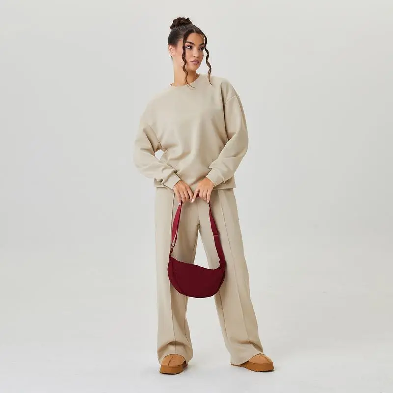 Women's Casual Solid Color Loose Long Sleeve Top & Exposed Stitches Trousers Co-ord