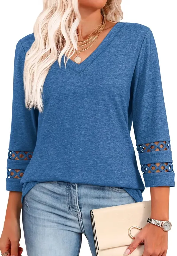 Womens 3/4 Length Sleeve Tops Trendy V Neck T Shirts(Just $3 a Each!)