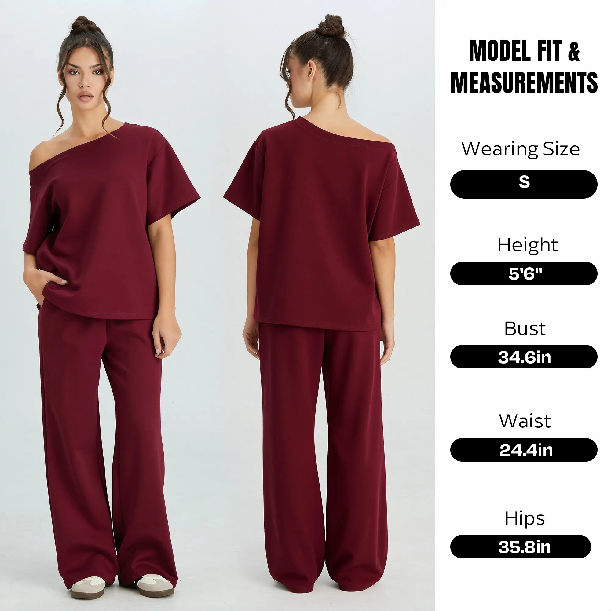 🔥Easter Sale!Women's Leisure Solid Color Sloping Shoulder Short Sleeve Top & Drawstring Waist Wide Leg Trousers Co-ord