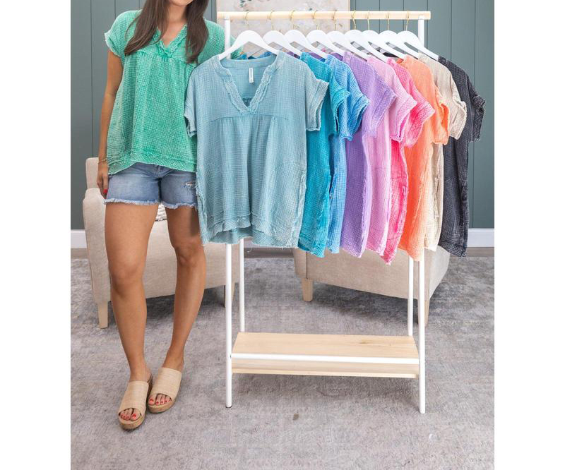 Women's Washed Double Gauze Short Sleeve Top with Raw Edge Detail