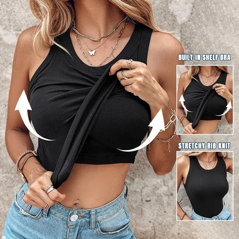 Round Neck Built-in Bra Ribbed Tank Top