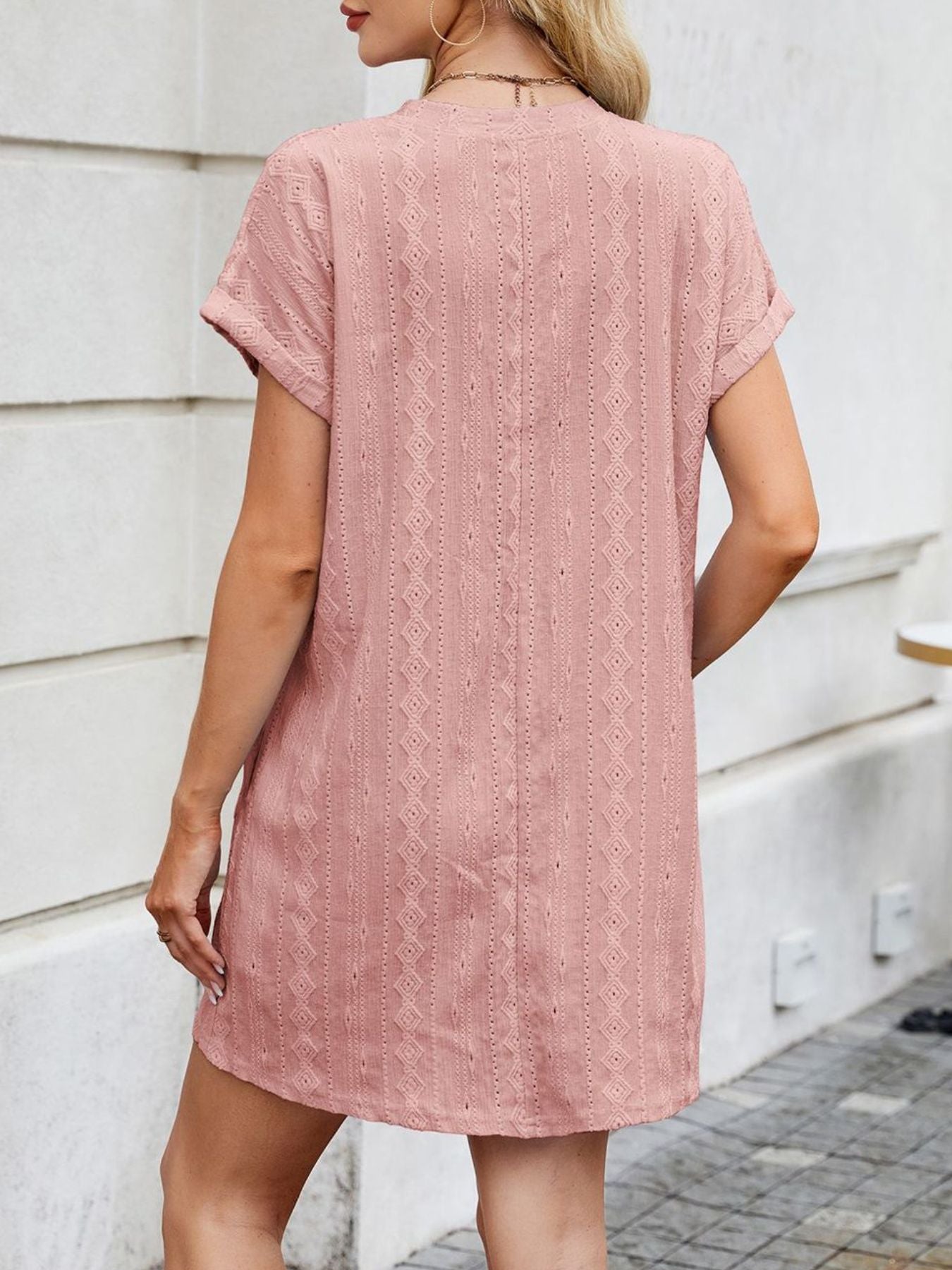 Eyelet Round Neck Casual Mini Dress