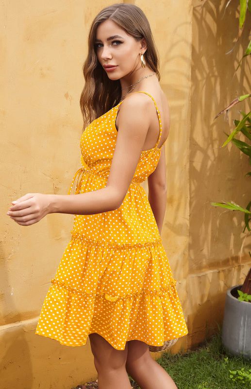 Deep-V Neck Polka Dot Spaghetti Strap Tiered Mini Dress