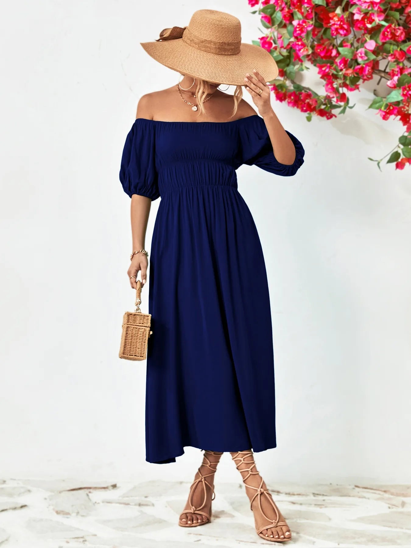 Off-Shoulder Puff Sleeve Smocked Maxi Dress