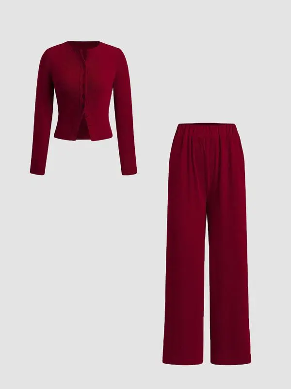 Women’s Ribbed Knit Crop Top & Elastic Waist Pants Two-Piece Set