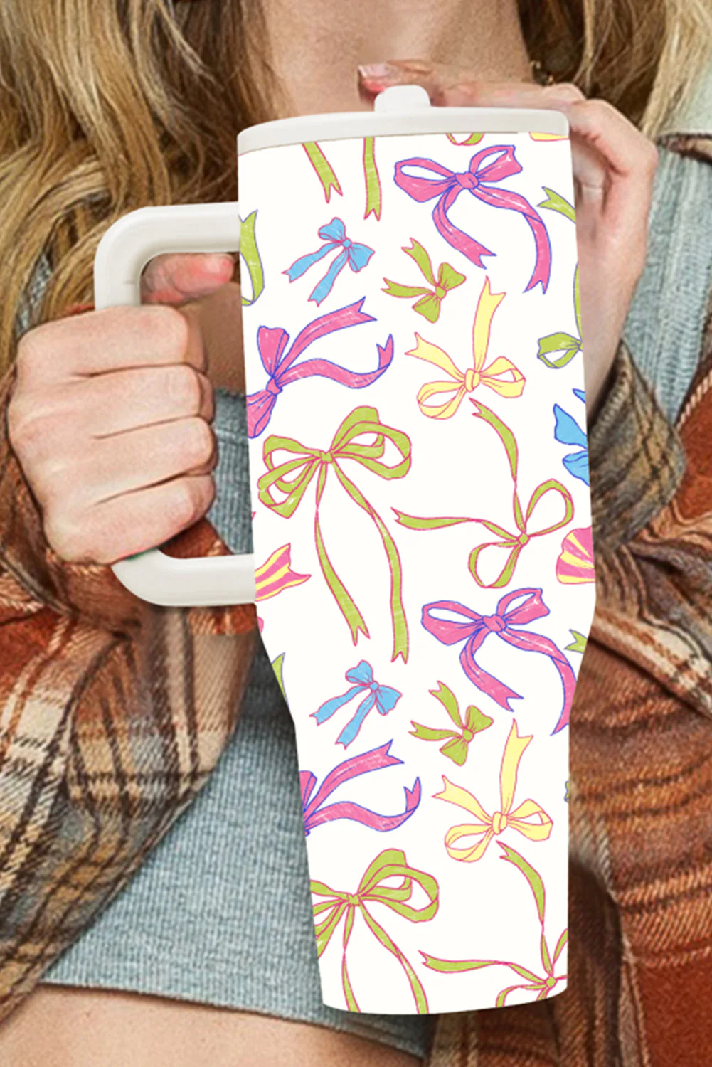 White Bow Knot Print Handle Straw Insulate Tumbler 40oz