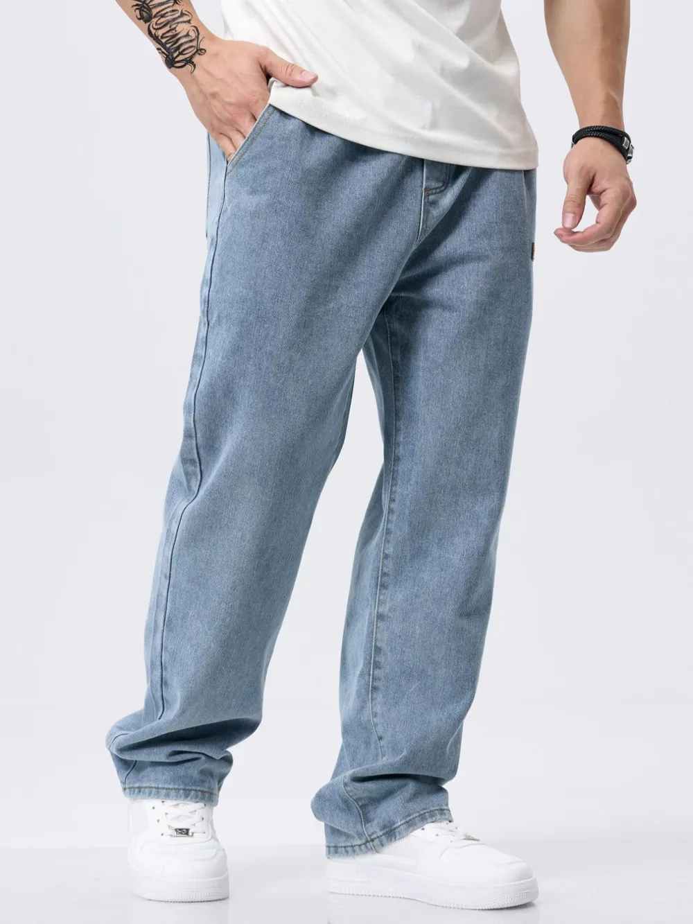 Men's Drawstring Elastic Waist Jeans, Washed Vintage Straight Leg Plain Denim Jeans