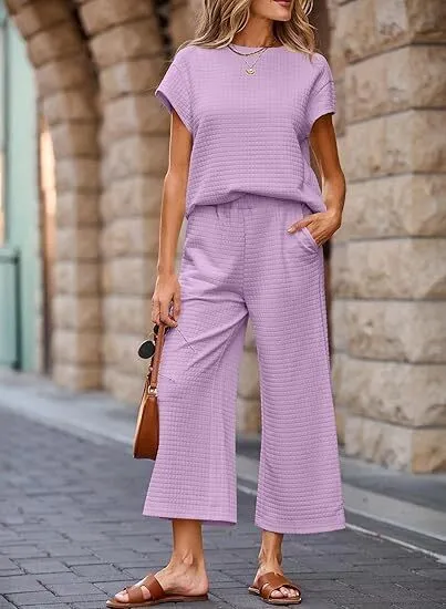 Women's Casual Textured Tops and Wide Leg Pants Lounge Sets