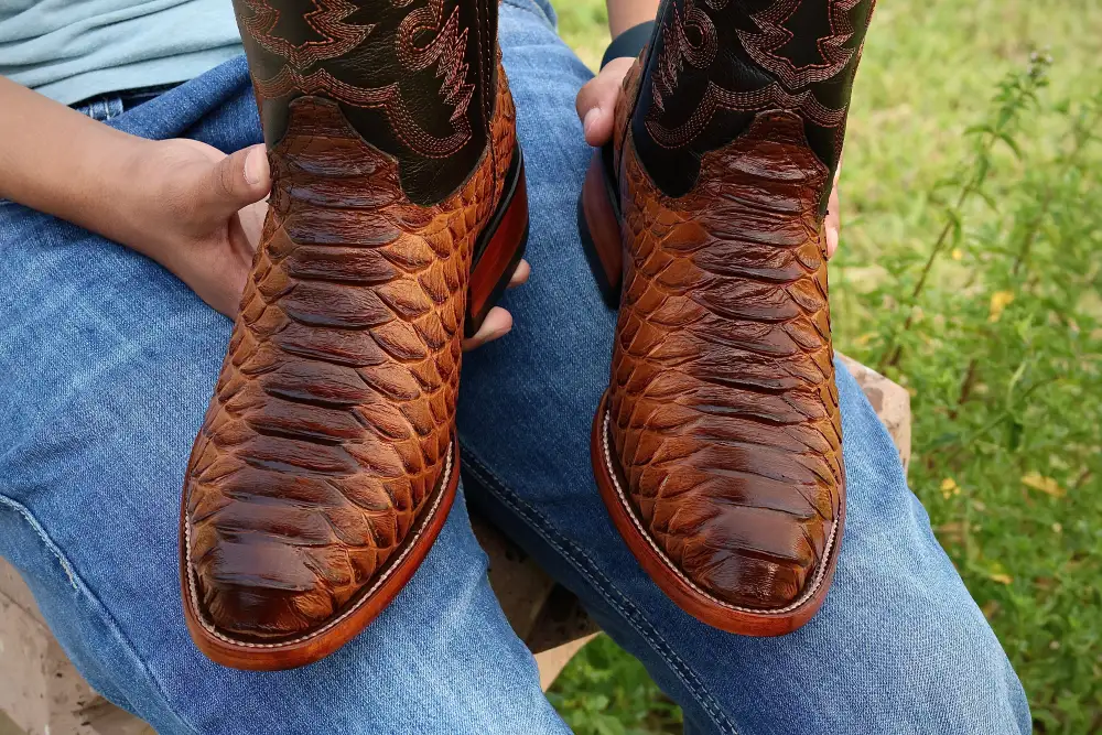 Cognac Jumbo Python Leather Boots — Round Toe