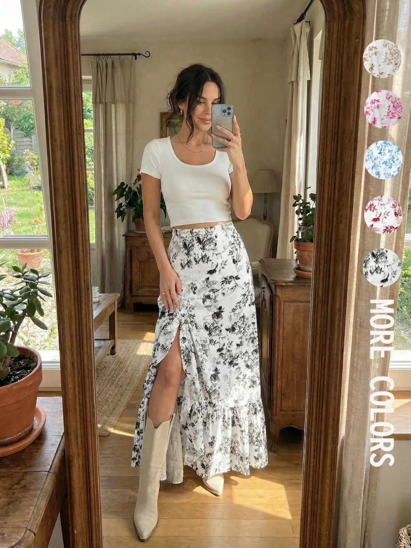 Bohemian Elegant Floral Print Irregular Ruffle A-Line Midi Skirt