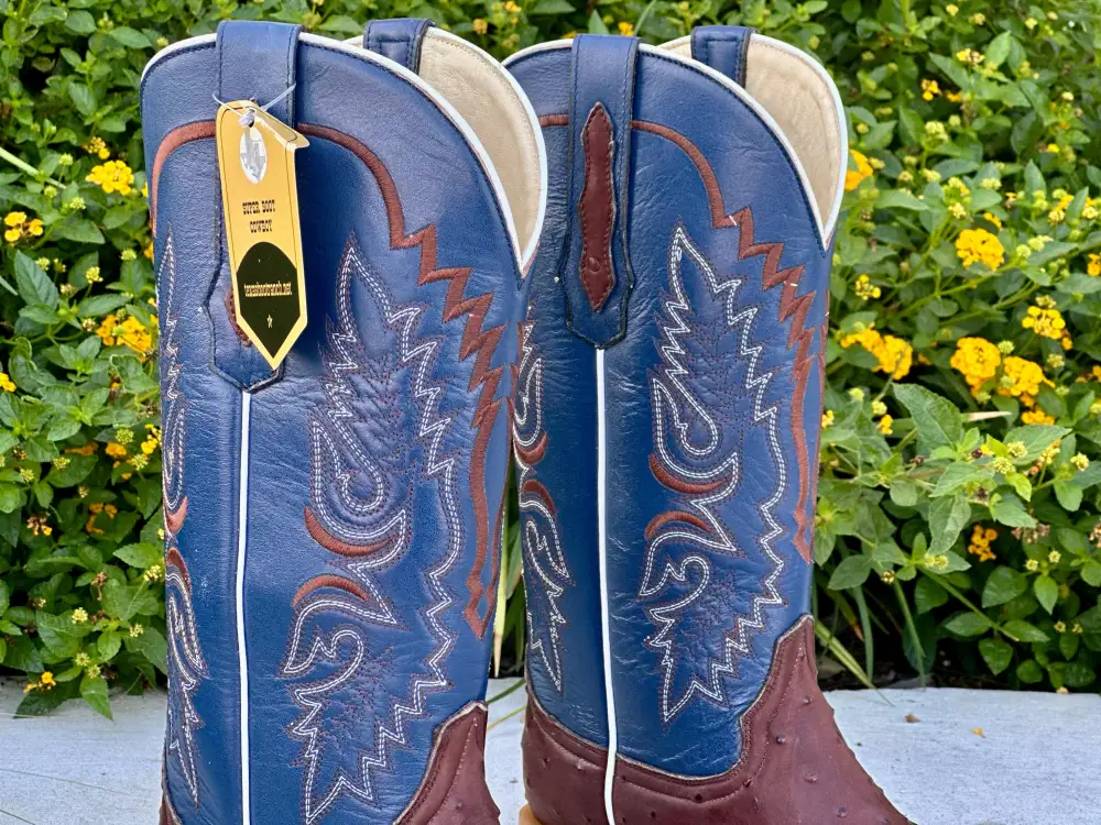 Men’s Chocolate Brown Ostrich Leather Boots With Blue Shaft