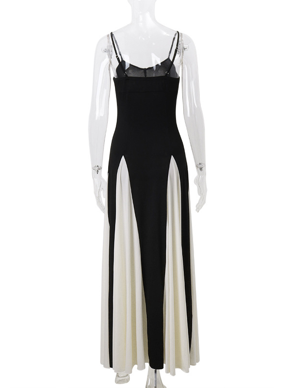 Backless Contrast Color Pleated Split-Joint High Waisted Sleeveless Spaghetti-Neck Maxi Dresses