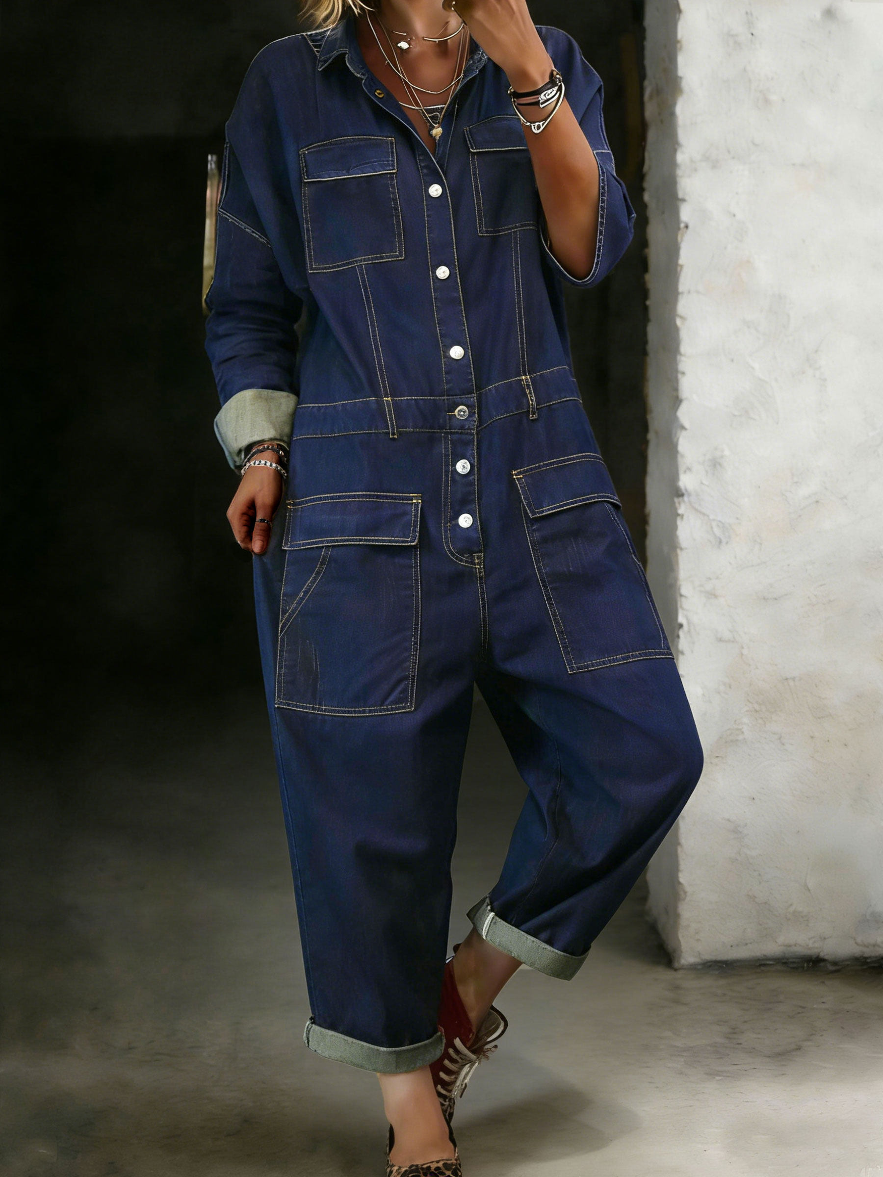 Women’s Blue Cotton One Piece Denim Jumpsuit