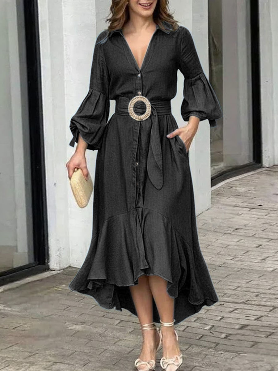 Women's V-neck Long-sleeved Casual Loose Denim Dress