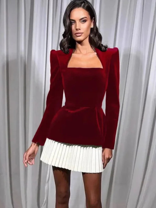 Fashionable And Personalized Long-Sleeved Color-Blocked Pleated Hem Mini Skirt Dress