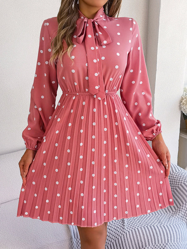 Elegant Polka-Dot Lace-Up Waist Long-Sleeved Pleated Skirt