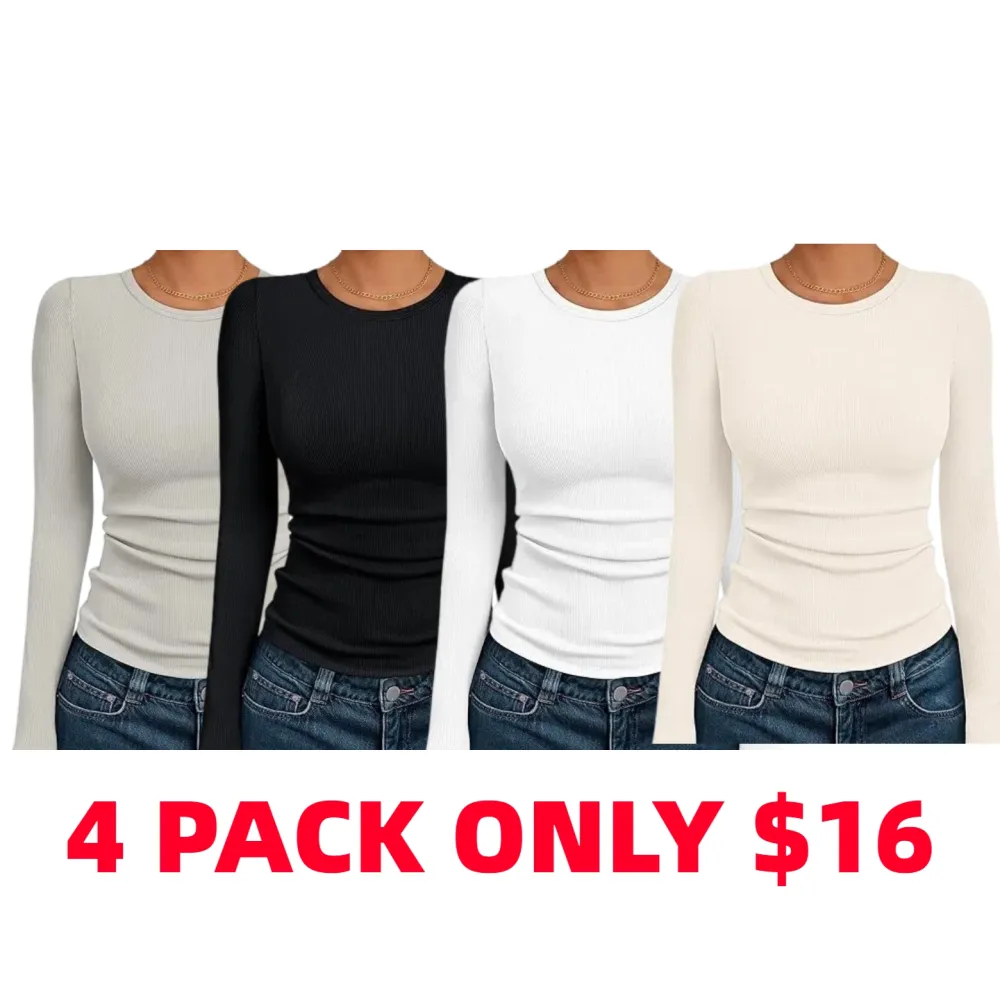 🔥8- PACK Women's Long Sleeve Blouses Shirts with Ribbed Knit Work Office Basic Tops