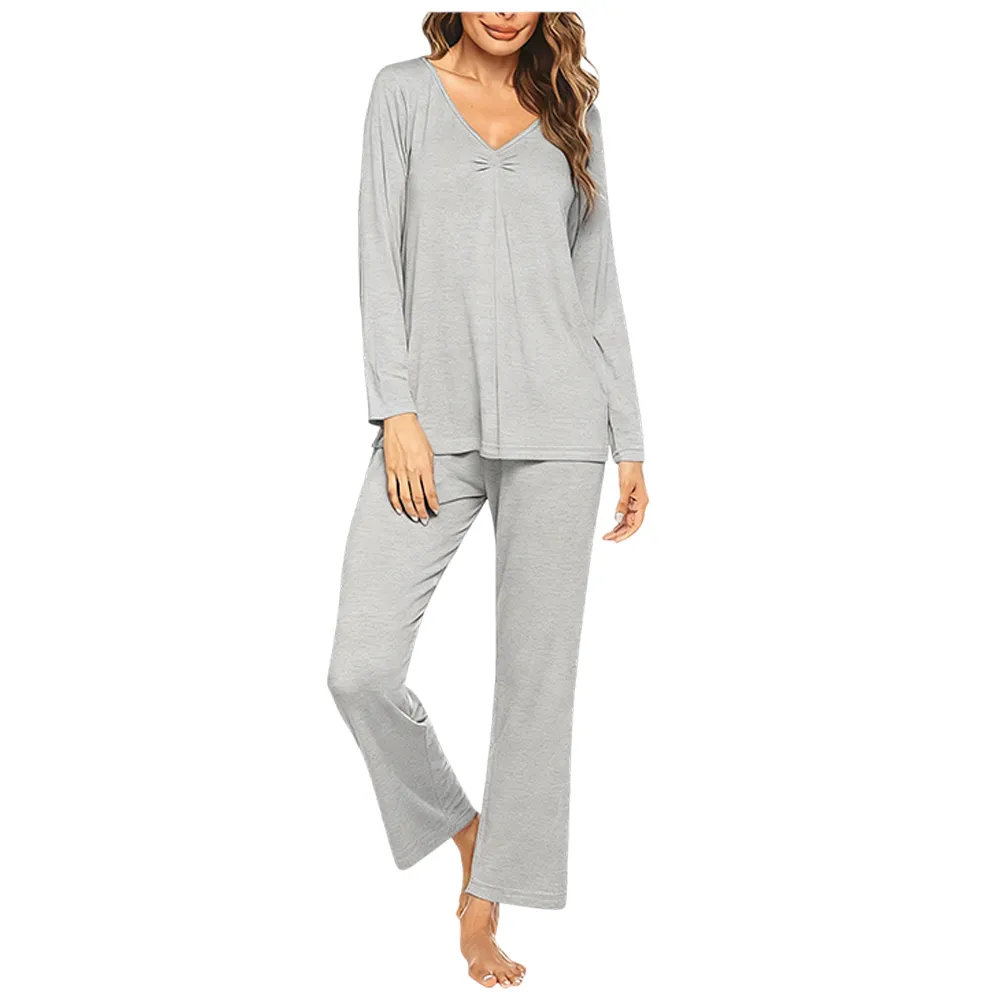 Women's V-neck long-sleeved top + trousers casual two-piece set