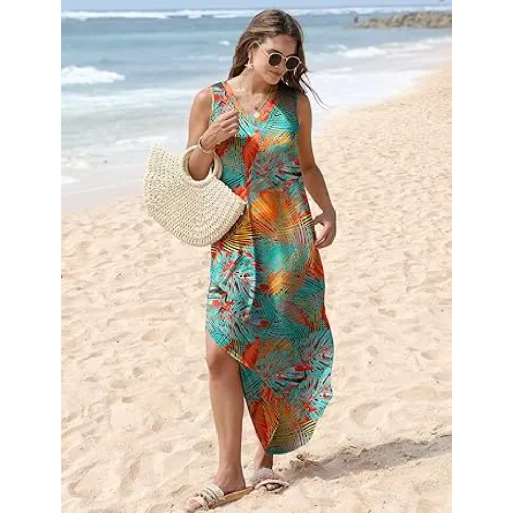 Casual Floral Dresses Maxi Dress Vacation Beach Sundresses  with Pockets