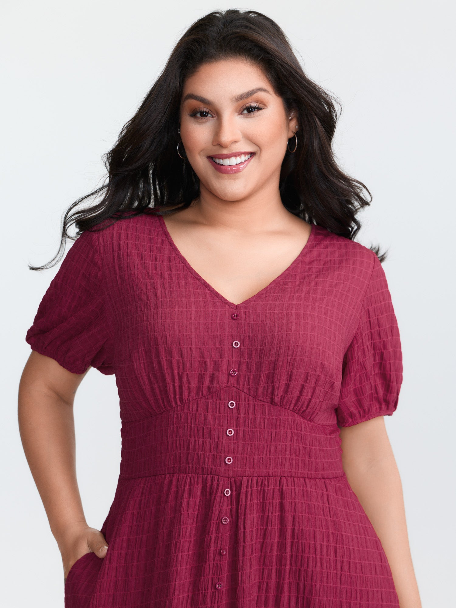 Textured Shirred Cinched-Waist Midi Dress