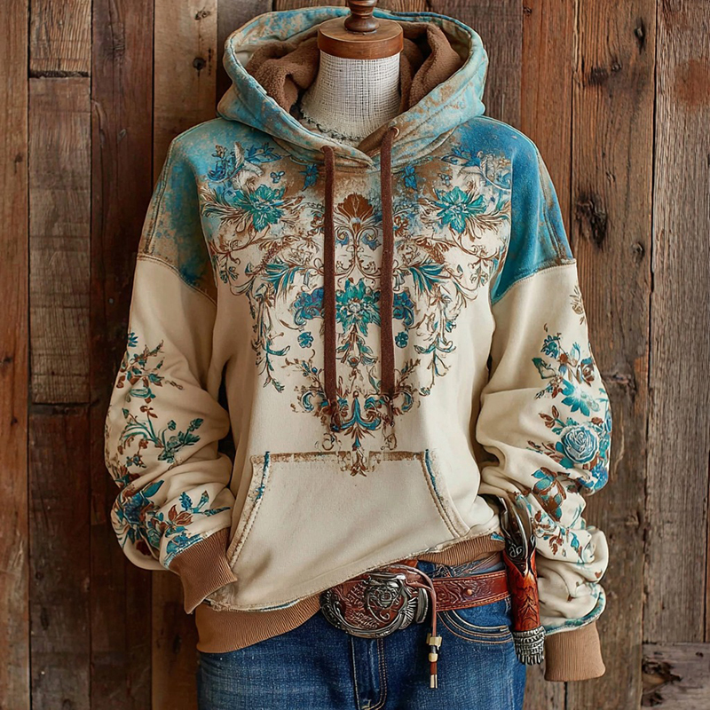 Women's Bohemian Floral Geometric Pattern Vintage Western Casual Hoodie