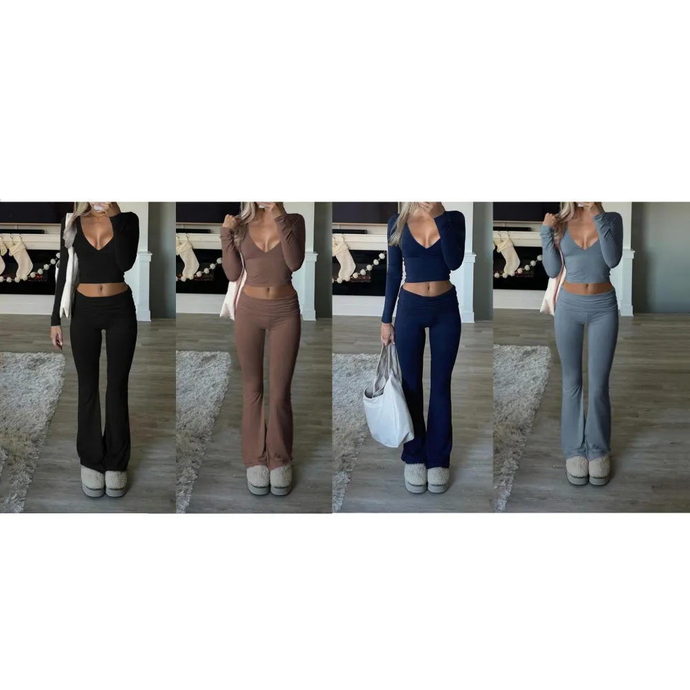 Elegant Casual V-Neck Long Sleeve Basic Two-Piece Outfit Set