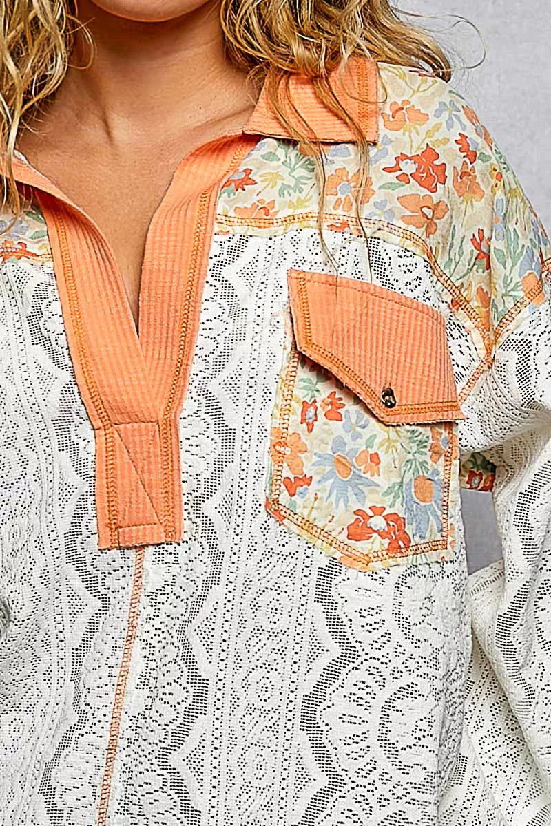POL Floral Print Long Sleeve Lace Shirt with Front Pocket