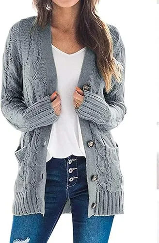 Women's Fall Casual Long Sleeve Button Down Open Front Cable Knit Cardigan