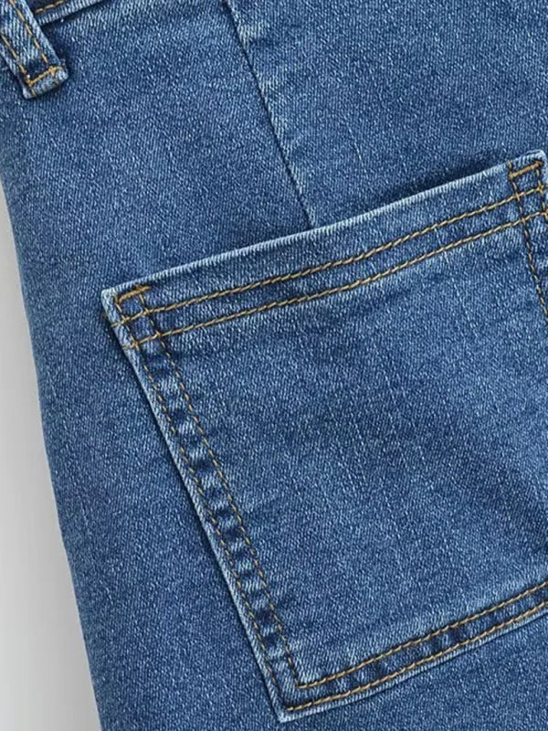 High-Waist Elastic Slim-Fit Distressed Edge A-Line Denim Mini Skirt