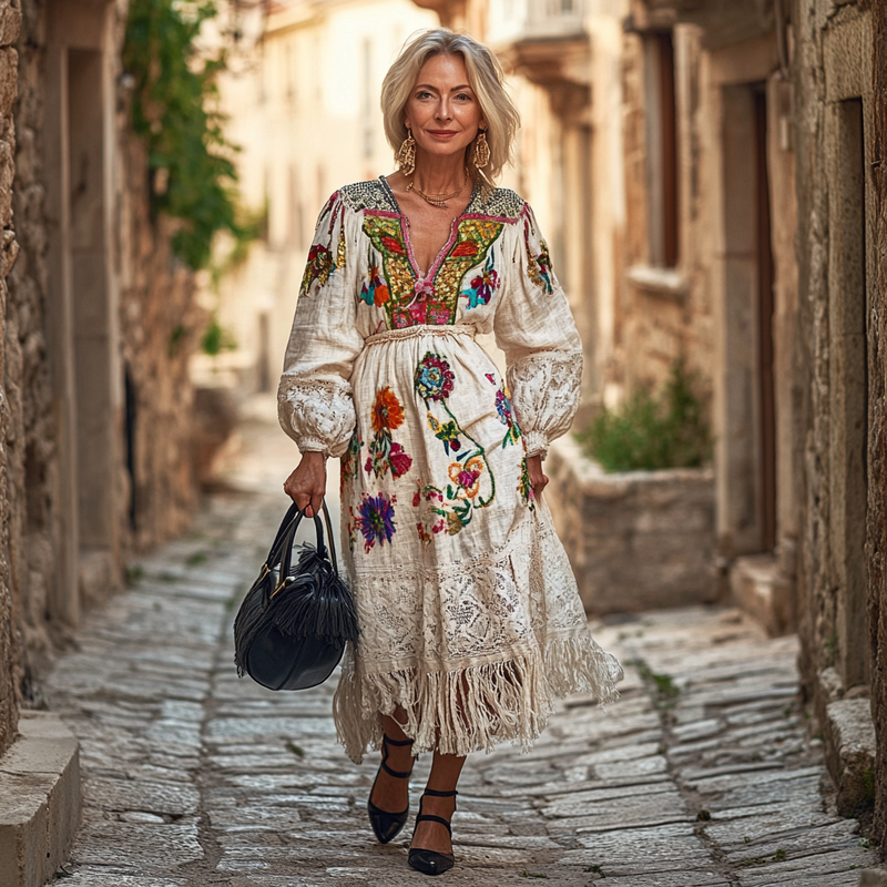 Vintage Loose Linen Patchwork Dress ca4b