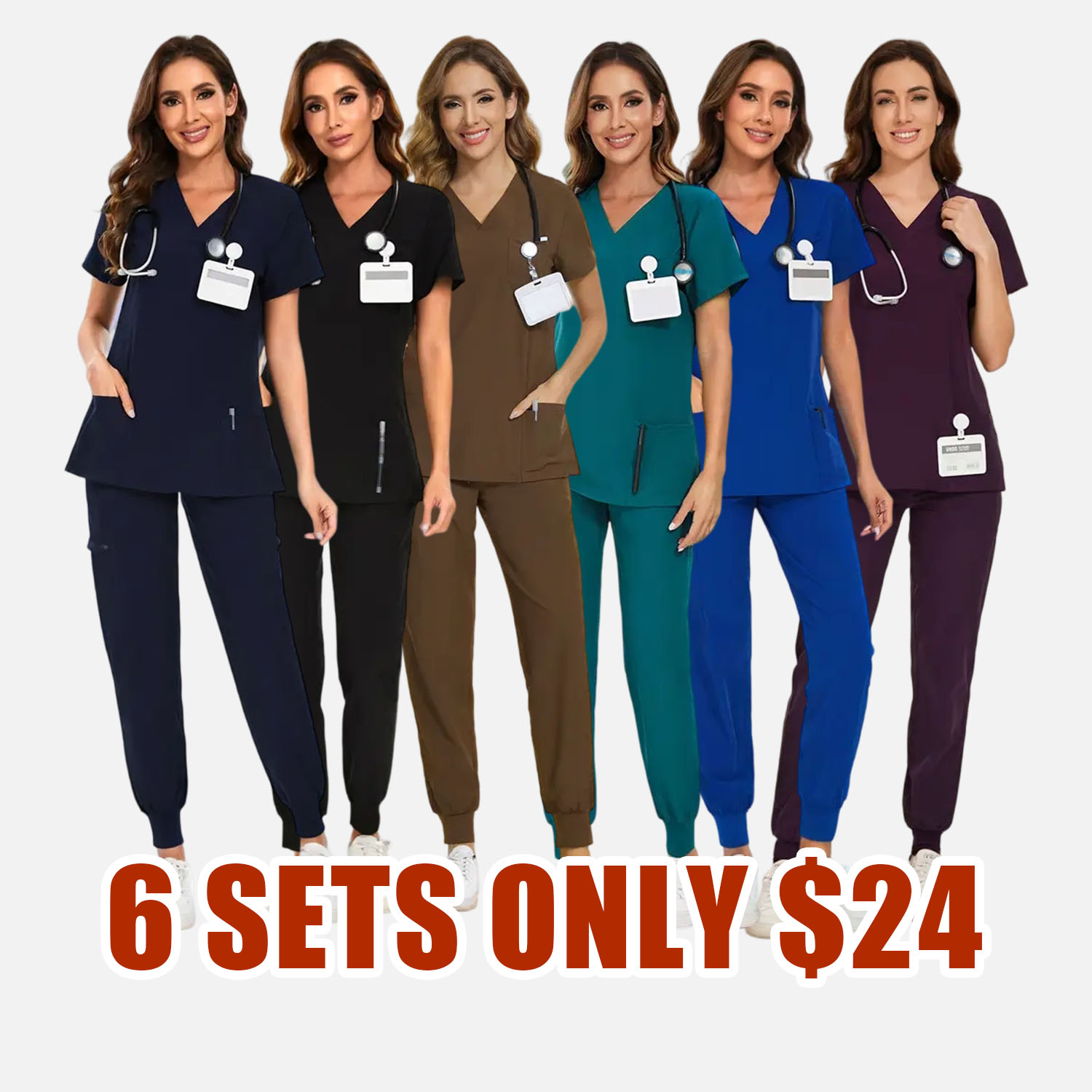 Set for Women - Stretch V-Neck Scrub Top & Jogger Pant with 8 Pockets