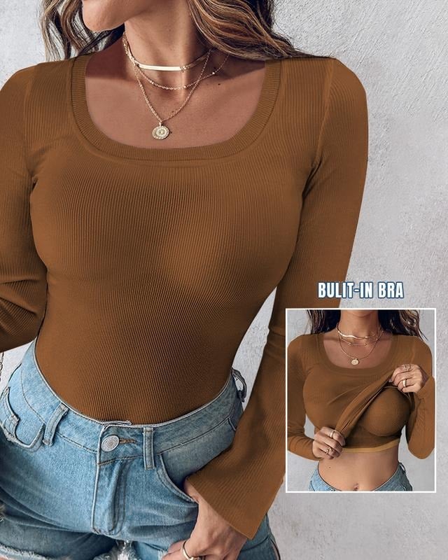 🍂🔥Womens U-Neck Built-in Bra Long Sleeve Ribbed Top Shirts Elegant Skinny Fit Fabric