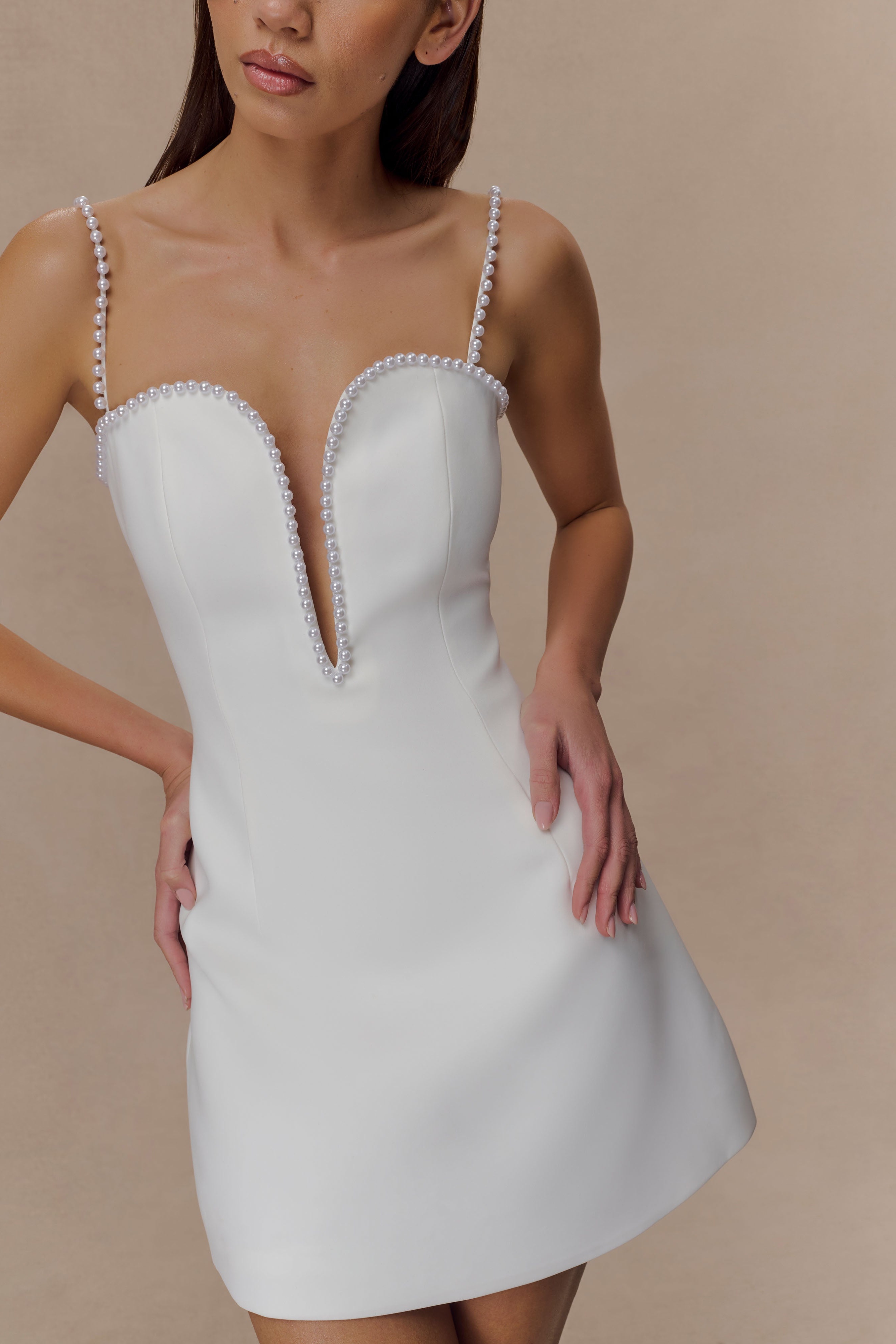Ivory Beaded Neckline Mini Dress