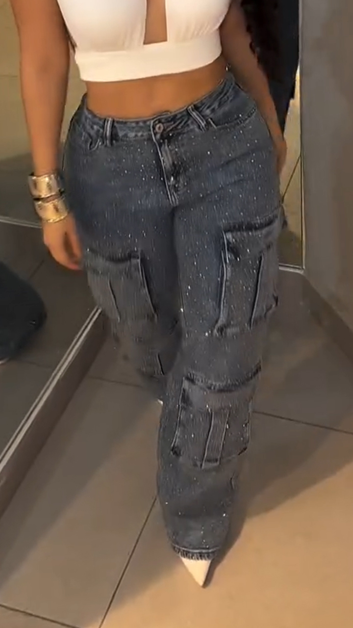 Women Hot Diamond Splicing Multi-pocket Casual Jeans