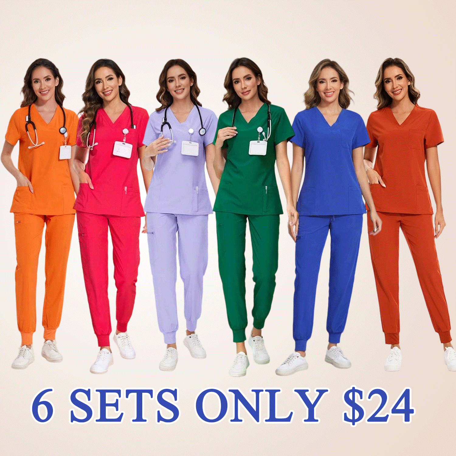 Women’s Stretch V-Neck Scrub Set (Top + Jogger Pants) – 8 Pocket Utility Uniform