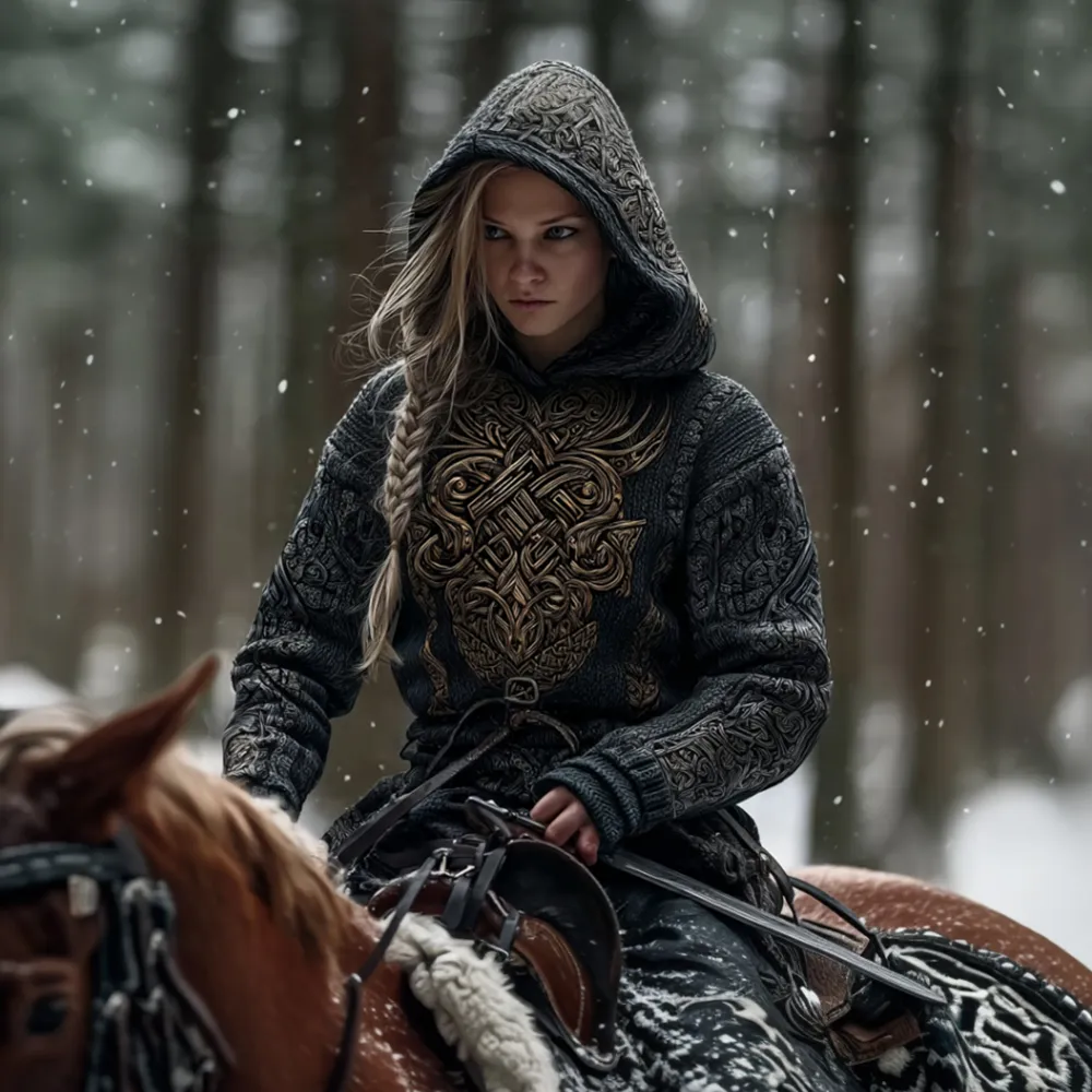 Viking Style Gold Celtic Knot Thick Needle Dark Style Hooded Sweater