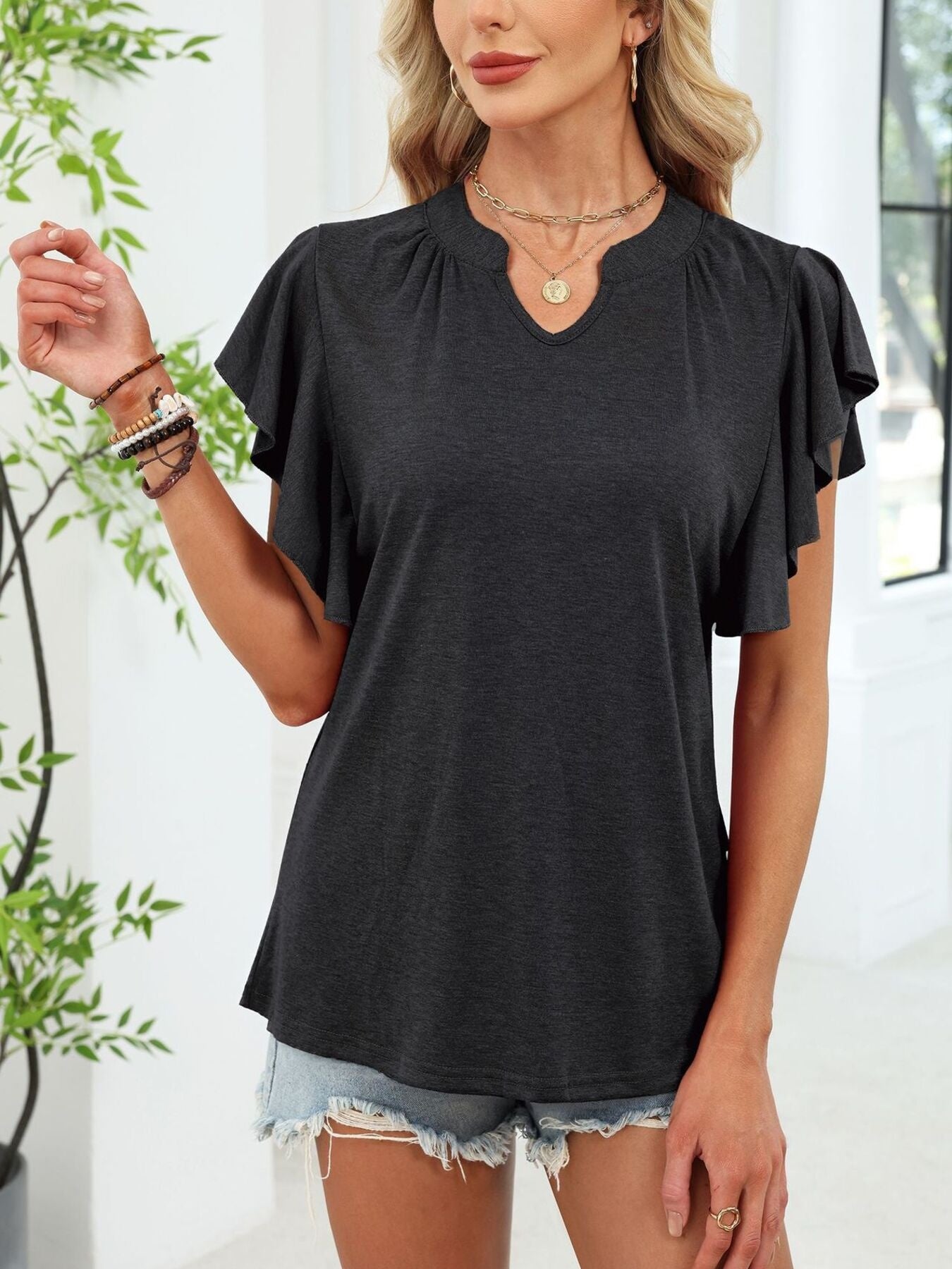 Ruffle Sleeve Notched T-Shirt