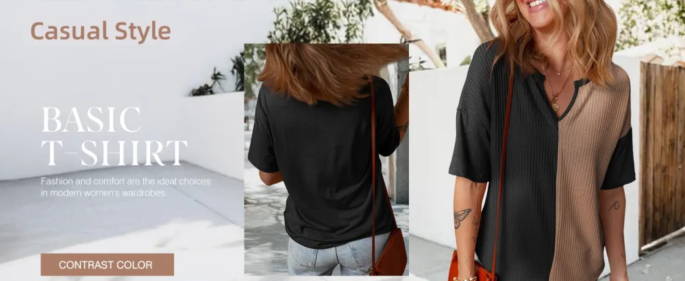 Womens Half Sleeve Waffle Knit Shirts V Neck Colorblock Blouses