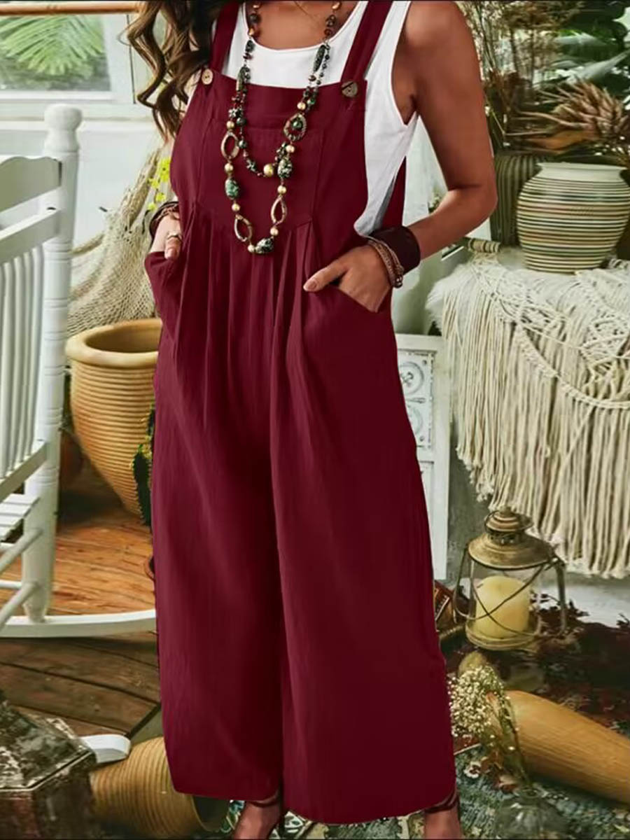 Women's Solid Color Sleeveless Pocket Casual Linen Cotton Bib Wide Leg Jumpsuit