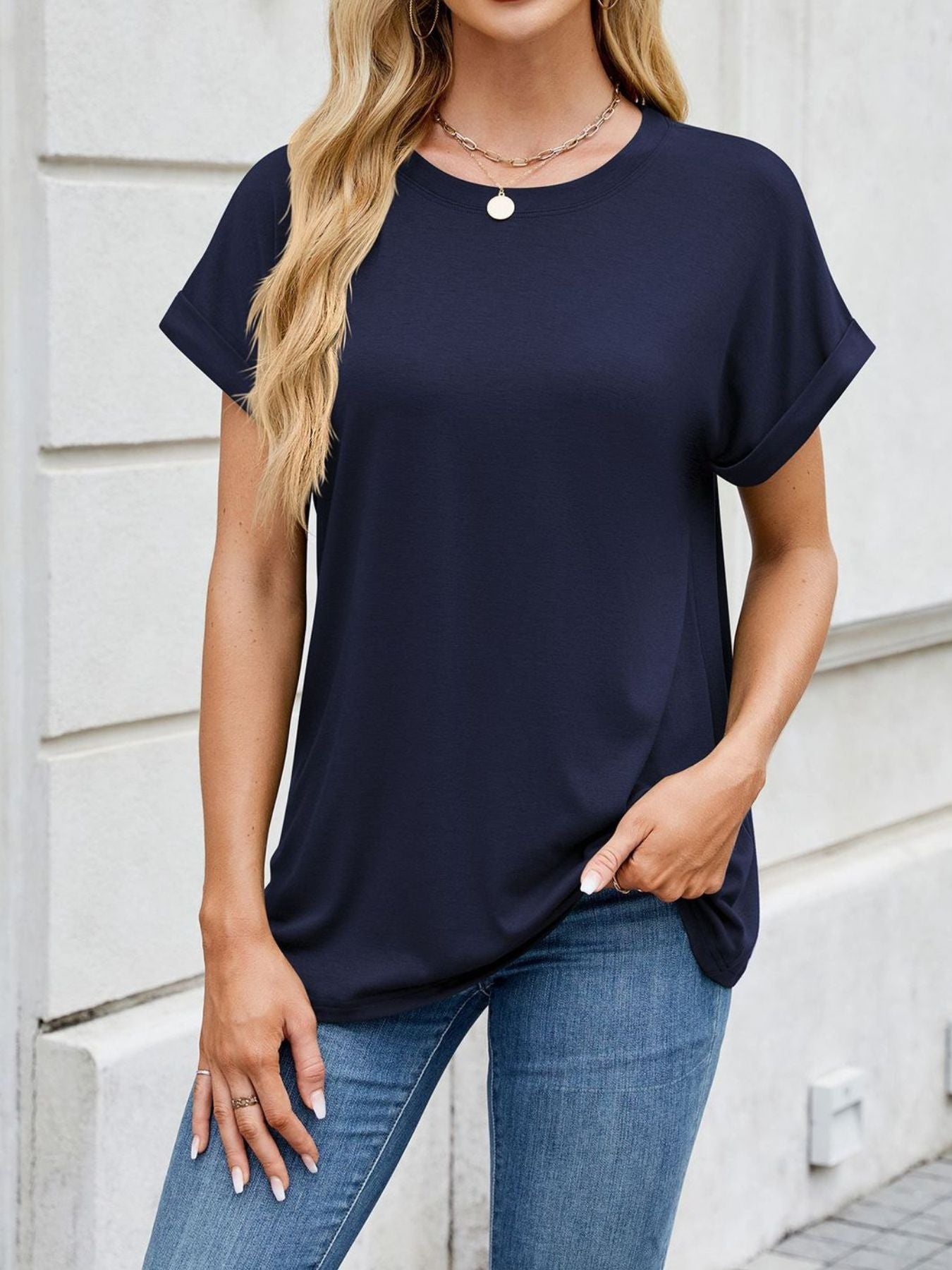 Casual Rolled Sleeve Solid Color T-Shirt