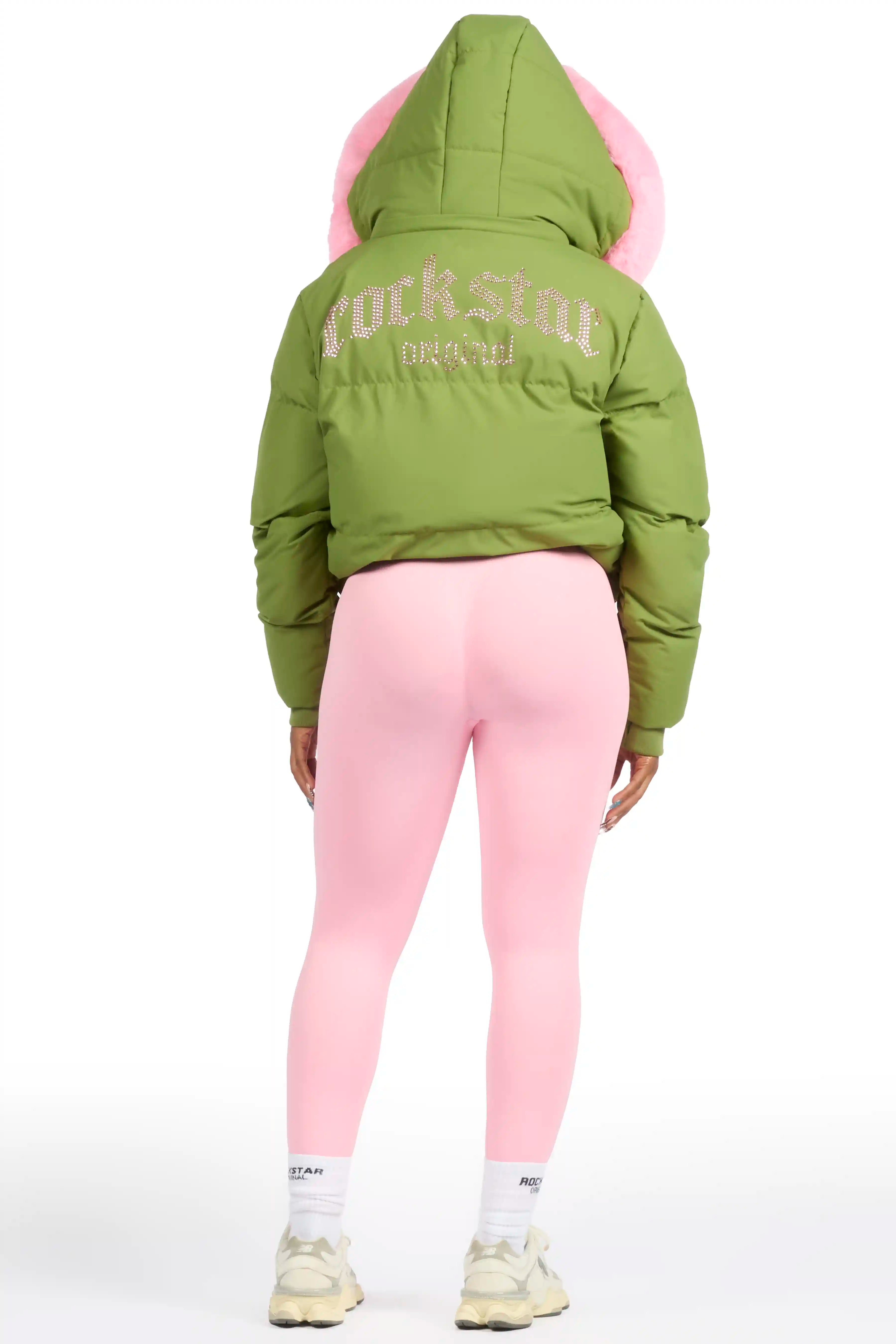 Dontaisha Olive Puffer Jacket With Fur Trim