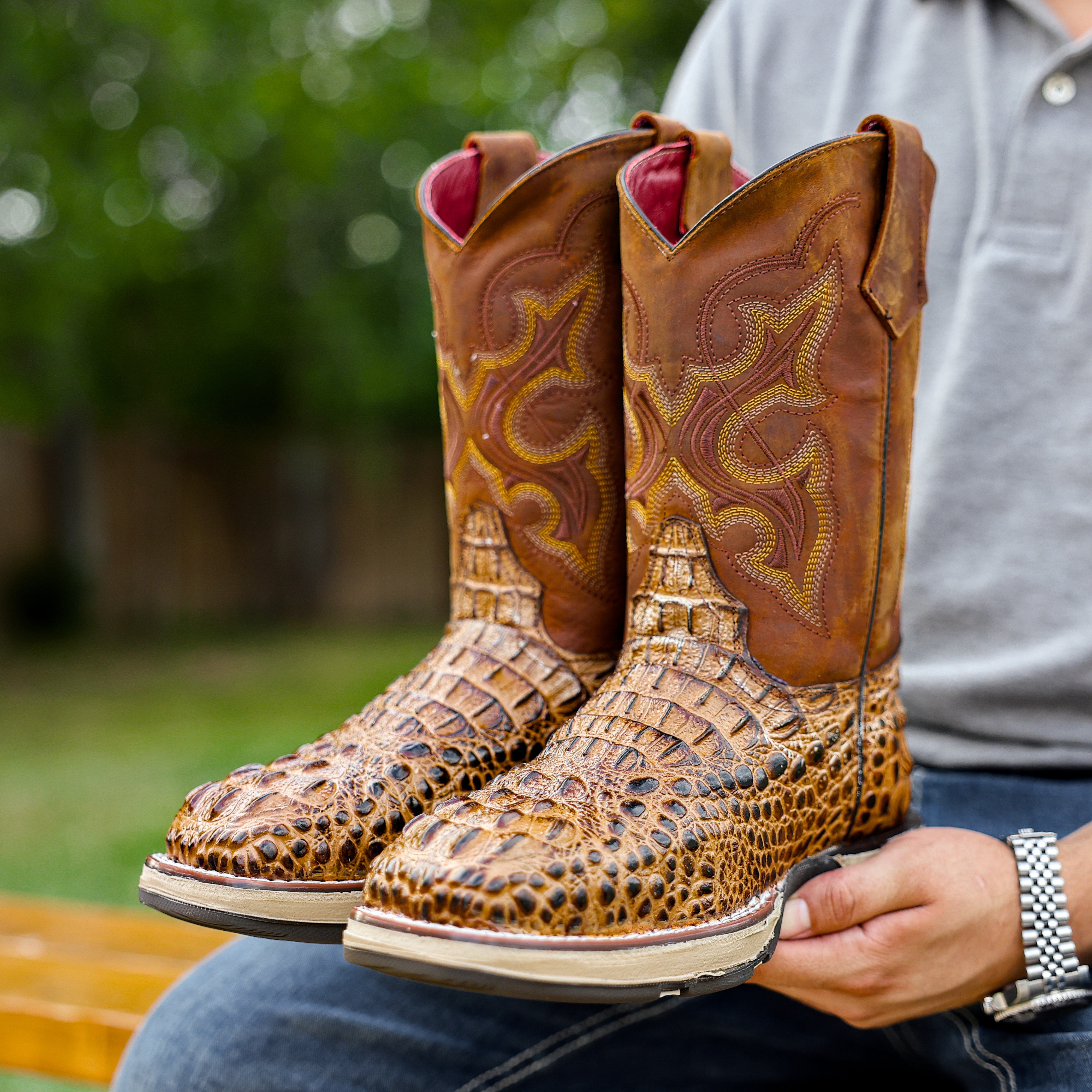 Honey Caiman Neck Leather Boots With 3D Lightweight Sole - Composite Toe