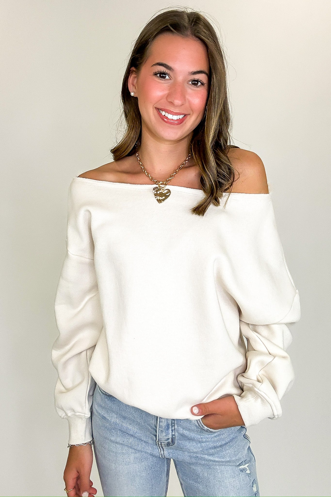French Terry Fleece Off Shoulder Sweatshirt