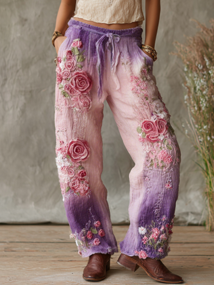 Love & Health Collection Retro Western Women Style Vintage Rose And Floral Patchwork Art Linen Pants