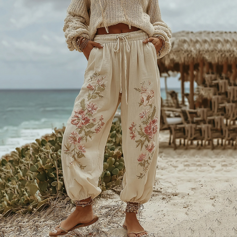 Women's Vintage Embroidery Floral Art Casual Sweatpants