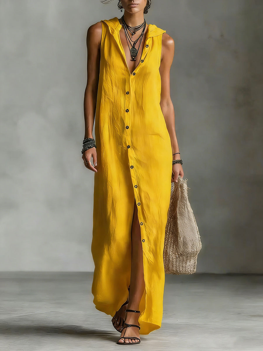 Women's Retro Hooded Solid Color Long-sleeved Cotton Linen Dress