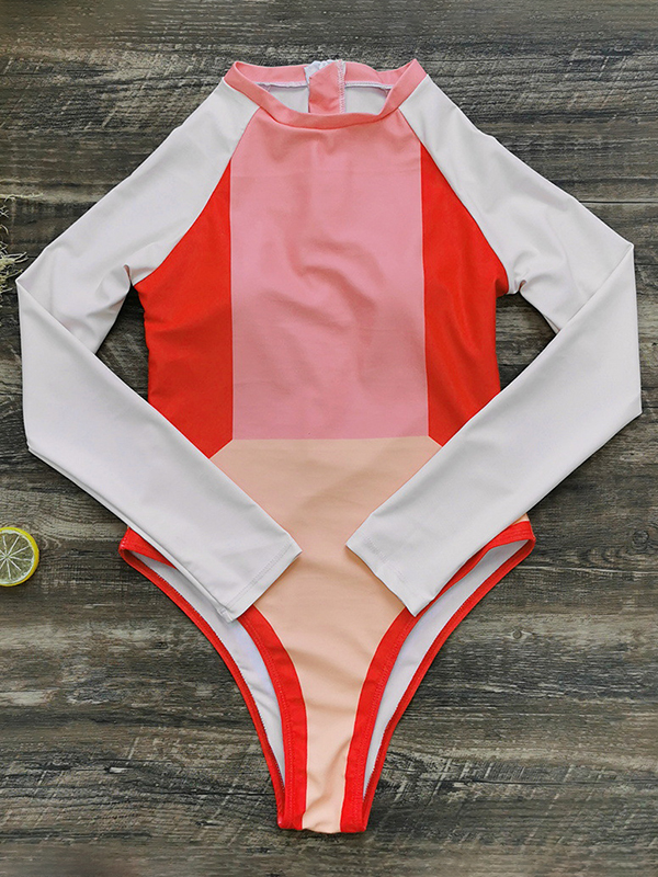 Long Sleeves Color-Block Floral Printed Zipper One-Piece Swimwear