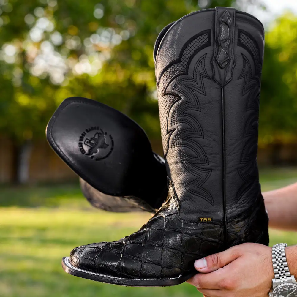 Black Pirarucu Leather Boots - Square Toe