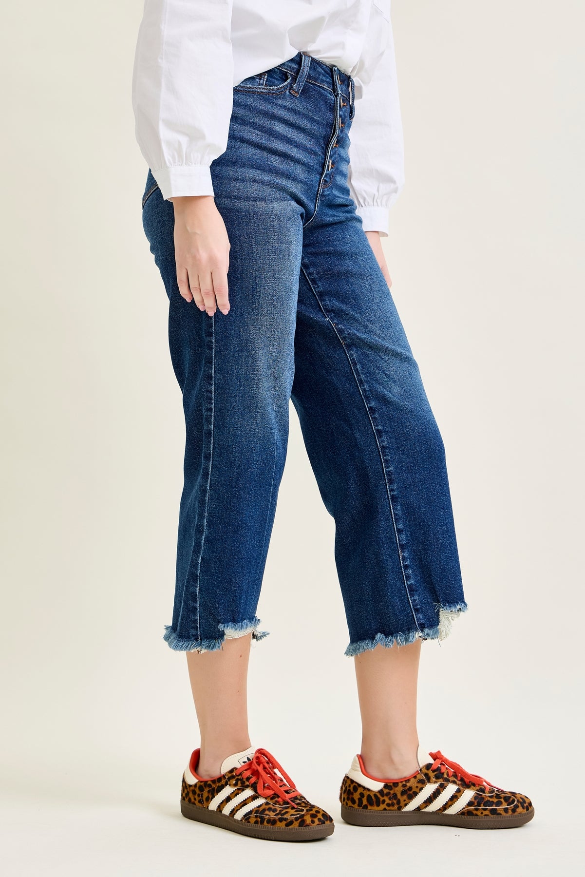 Dottie Button Fly Distressed Hem Crop Wide